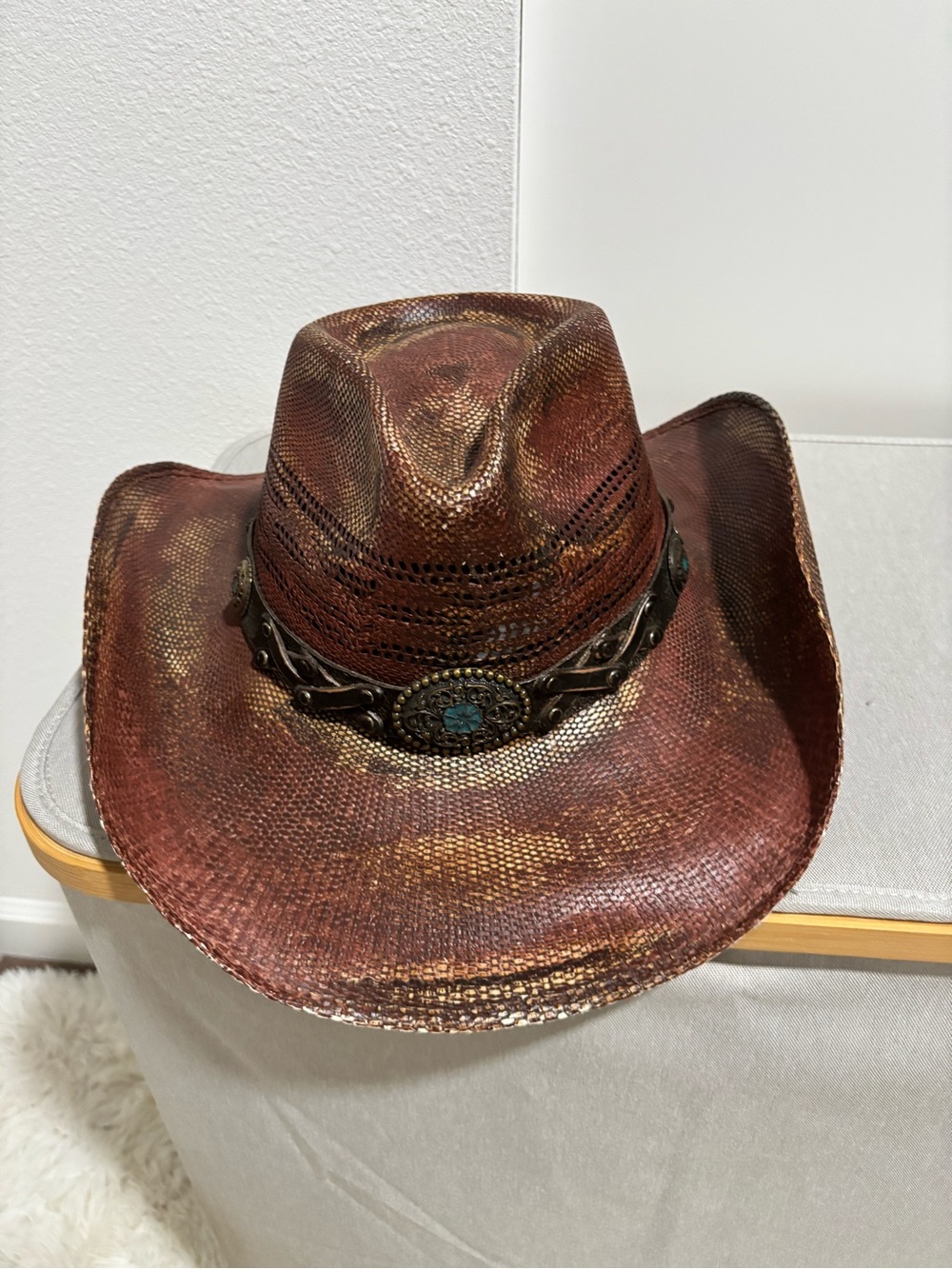 Stampede Brown with Gold Accent Distressed Western Hat with Turquoise Concho